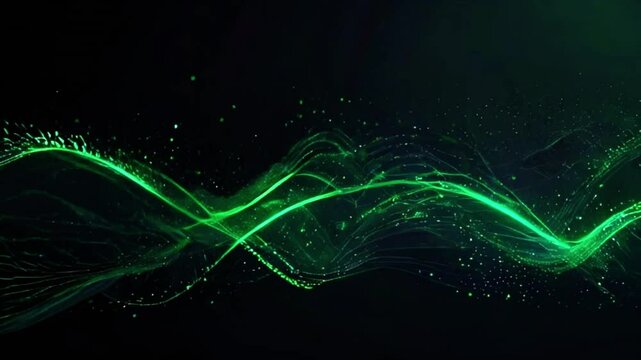 Animated Abstract Green glowing Line Particles Wave dark Background . Abstract pattern futuristic hi-tech Particles Background