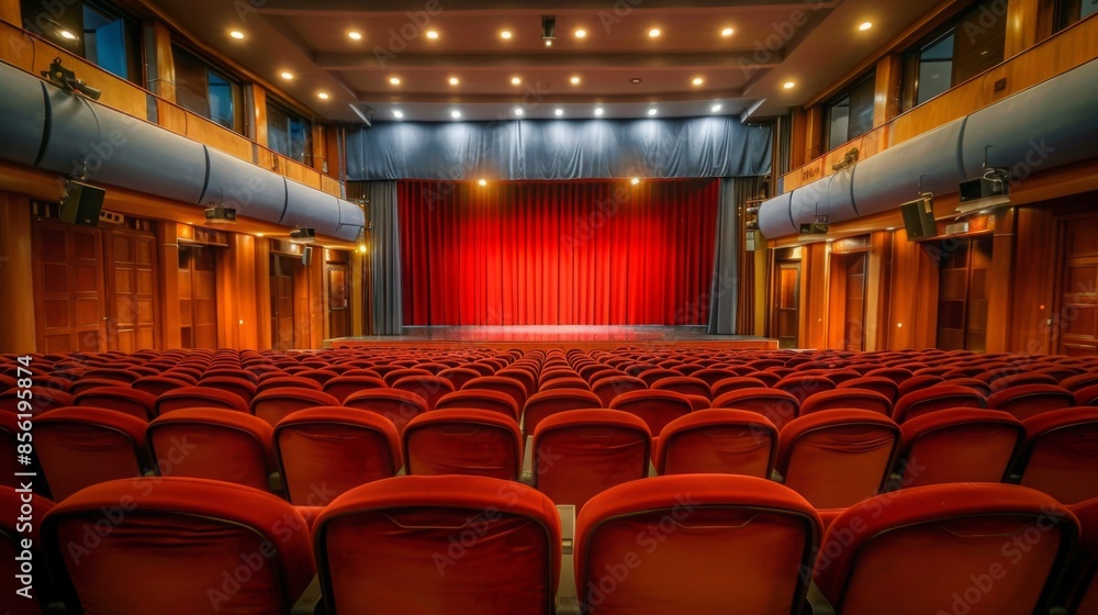 Aufkleber a view of an empty theater auditorium with red seats and a stage with red curtains. the stage is lit