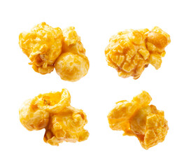 Caramel popcorn.Tasty popcorn isolated on white background. Cinema and entertainment concept. Movie night with popcorn. Delicious appetizer, snack. Place for text. Copy space.Banner