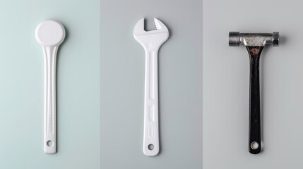minimalistic white maintenance tools and equipment minimalist style and silver simple silhouette minimalist look fun pose clean white background in clean studio lighting product photography 32k