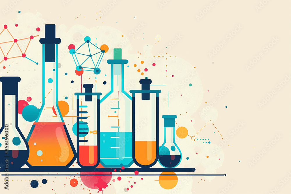 Poster a vibrant illustration featuring colorful test tubes with liquids and playful spills against a light