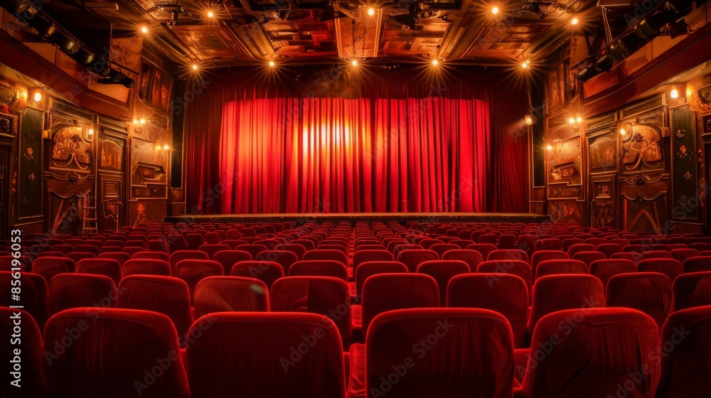 Poster a view of an empty theater auditorium with red velvet seats facing a stage with red curtains.