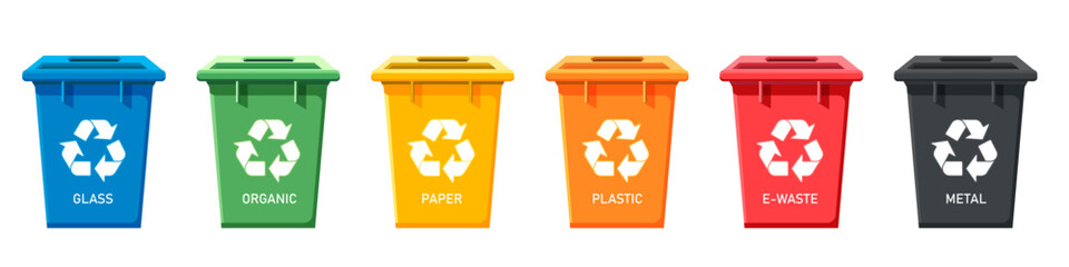 Set of colored recycling bins on a white background. Vector illustration