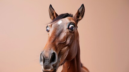 Studio portrait of a horse with a visibly startled and shocked expression captured in a moment