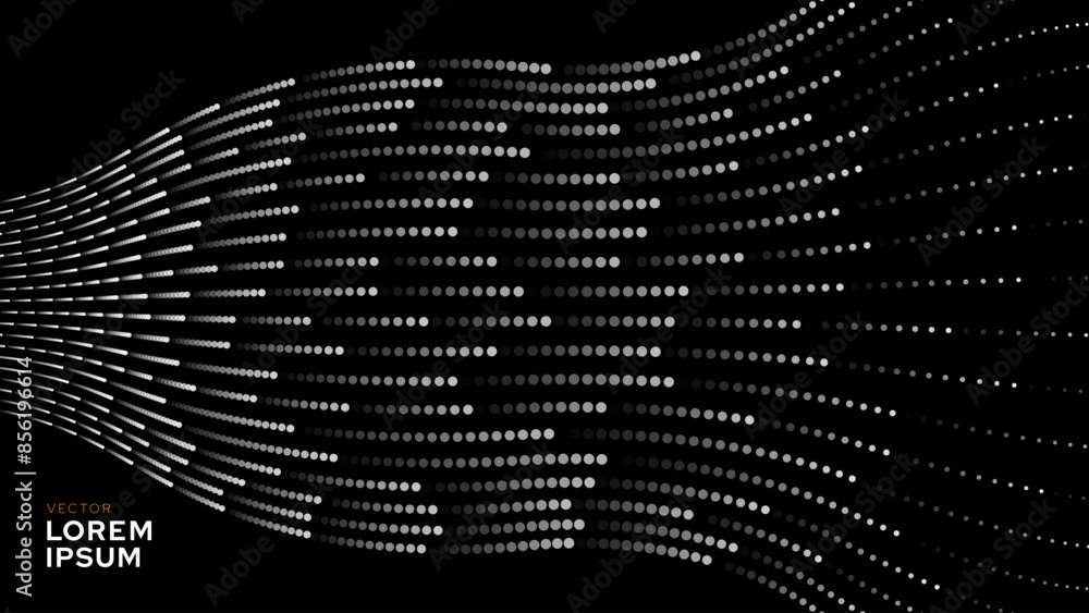 Poster Abstract Digital Mosaic Dots Halftone Tech Background Pattern. White Dots Moving Fast. Hi-Tech Minimal Technology Design Texture. Digital Data Flow Transfer. Vector Illustration.