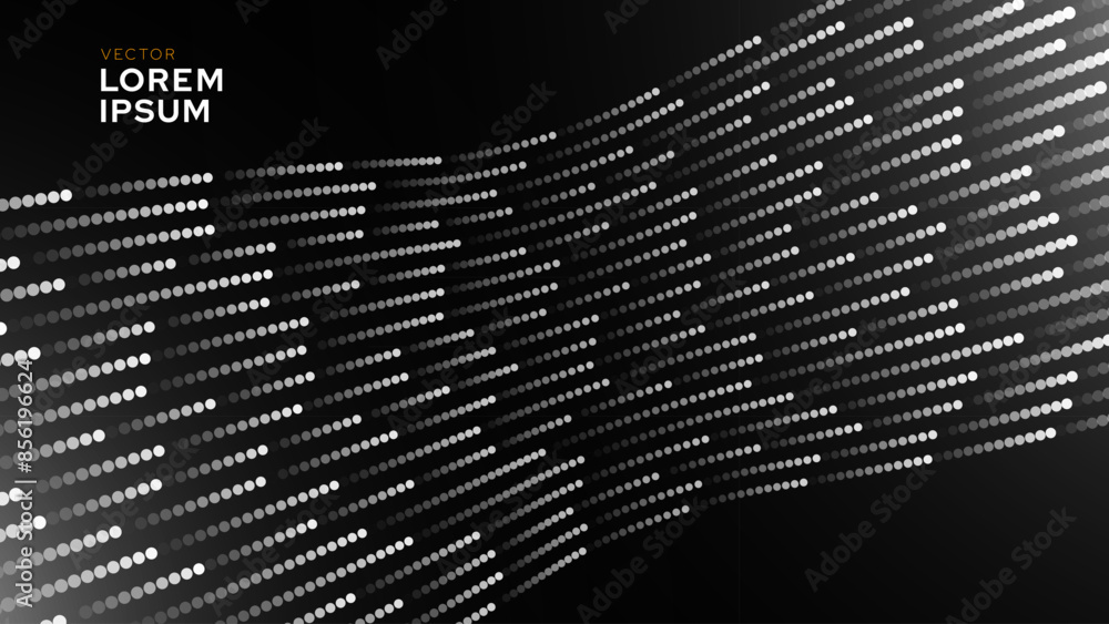 Poster Abstract Digital Mosaic Dots Halftone Tech Background Pattern. White Dots Moving Fast. Hi-Tech Minimal Technology Design Texture. Digital Data Flow Transfer. Vector Illustration.