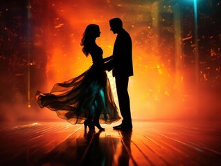 Couple dancing together, close up, focus on feet, bold colors, double exposure silhouette with ballroom background
