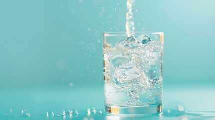 Sparkling Water with Ice Cubes Pouring into Glass