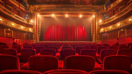 This is an image of an empty theater with red velvet seats and a closed curtain on the stage. The theater is ornate and decorated in gold and red.