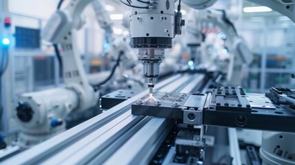 Contemporary robotic arm using laser welding to work on metal part in assembly line