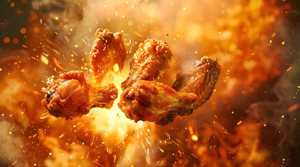 Fototapeta premium Spicy Flaming Fried Chicken On Firey Background Symbolizing Heat And Spice