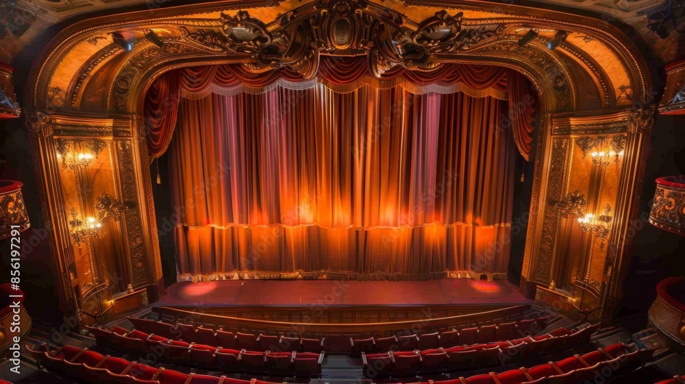 Poster an overhead view of an empty theater stage with red curtains drawn and an empty auditorium. the stag