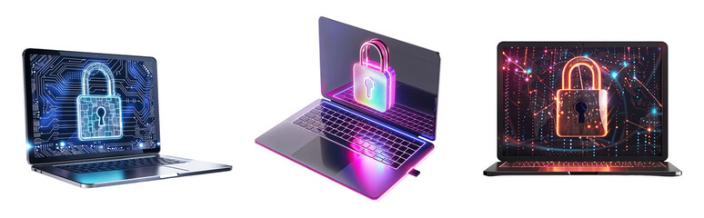 Digital data security on laptop with padlock icons png, bundle of 3 laptops with cyber security concept symbol, antivirus and hack prevention isolated on transparent or white background hd