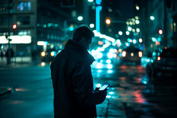 man standing on a dimly lit city street at night, waiting for a taxi. The blue light from his phone screen illuminates his face, creating a striking contrast with the dark surround