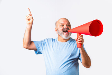 Elderly senior Indian asian man using Paper megaphone or speaker for announcement