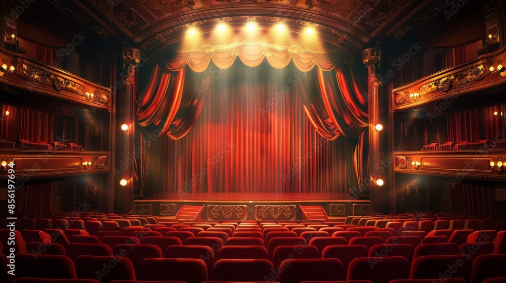 Poster a wide shot of an empty theater stage with red curtains drawn, illuminated by stage lights. the red 