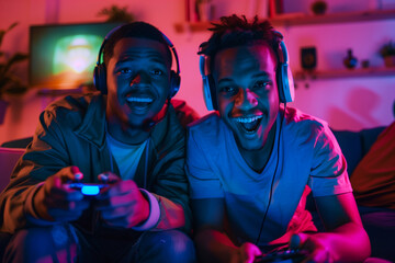 Obraz premium two friends gaming together online, each in their own room, with headsets on and excitement on their faces as they share the experience through their screens. Commercial photo