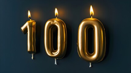 100th Gold Candles With Flames On A Cake Celebration