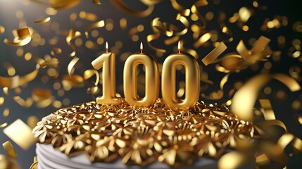 100th Gold Candles With Flames On A Cake Celebration
