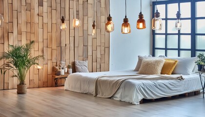 bedroom night atmosphere interior design with Antique style light bulbs on bamboo background