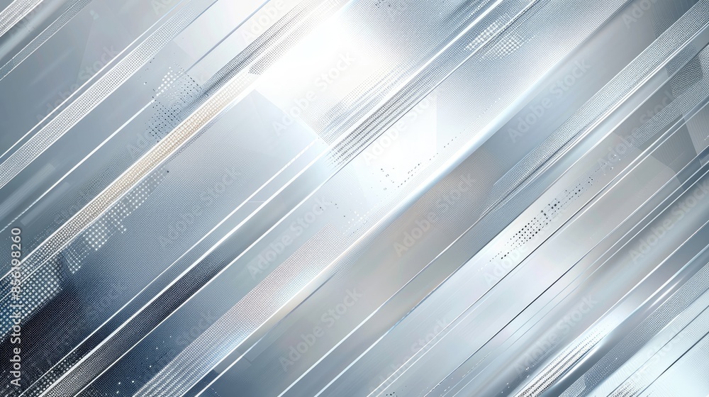Poster abstract white and silver light pattern on a gray gradient background, accented with metal textures 
