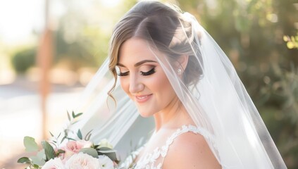 Naklejka premium A beautiful bride in her wedding dress, holding flowers and smiling at the camera