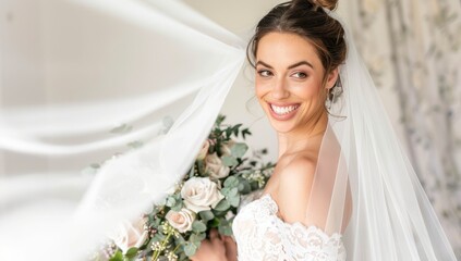 Naklejka premium A beautiful bride in her wedding dress, holding flowers and smiling at the camera