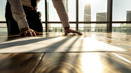 A man is writing on a piece of paper in front of a window