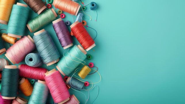 Assorted colorful sewing threads on teal background, top view flat lay composition - Powered by Adobe