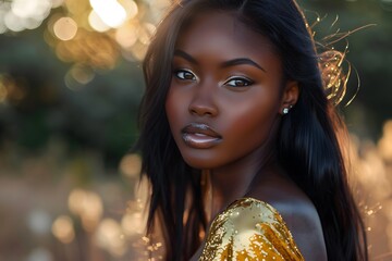 Naklejka premium Beautiful black woman in a golden dress