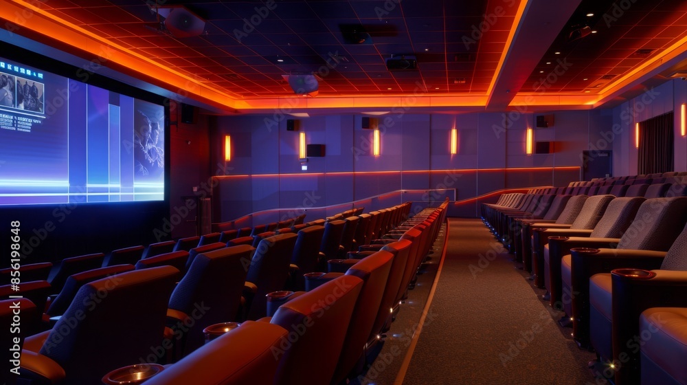 Poster a shot of an empty movie theater with the screen illuminated and the seats ready for a film screenin