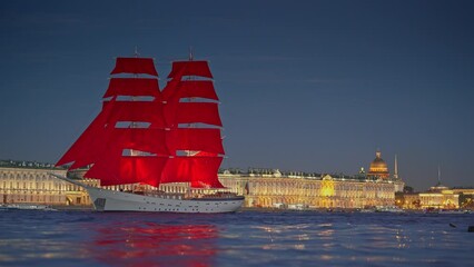 Saint Petersburg, Russia - June 01 2021, 4k, Panoramic view of the sailing ship Russia in the waters of the Neva River, white nights, in the background the landmark of St. Petersburg, Russia