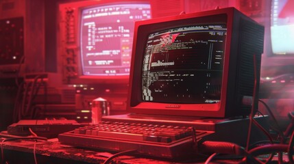 Old fashioned computer screen with code, illuminated by red light, creates a nostalgic tech ambiance