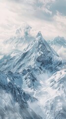 Snow-capped mountain peaks under a cloudy sky, panoramic view. Natural landscape and adventure concept