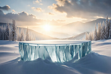 Ice background podium cold winter snow product platform floor frozen mountain iceberg. Podium glacier cool ice background stage landscape display icy stand 3d water nature pedestal arctic concept cave
