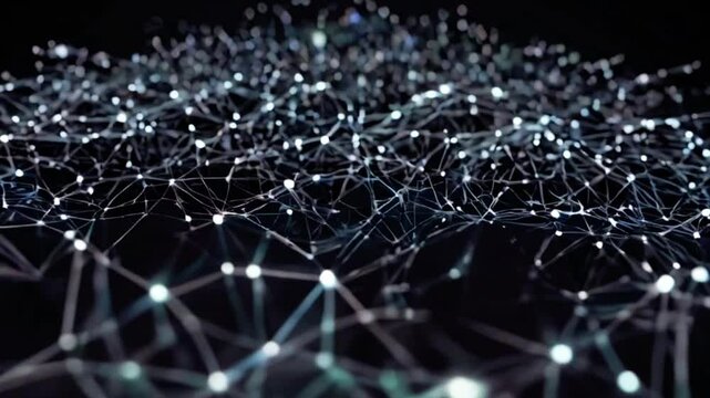 Digital dynamic network of black dots connected by lines. Abstract reticule landscape white technology looping background. Big data concept visualization. 3D rendering Ultra HD 4K
