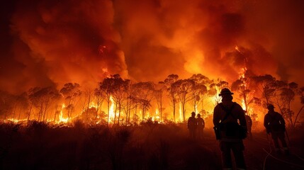 Brave Firefighters Battling Forest Blaze Generative AI