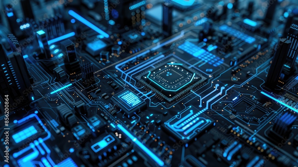 Poster abstract 3d-rendered blue circuit design, showcasing detailed chip elements and advanced technology 