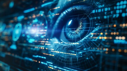 Obraz premium Close-Up of Digital Eye on Futuristic Interface Representing Surveillance and Technology