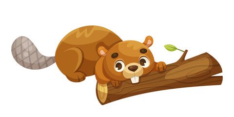 A cartoon beaver chewing on a log on a white background. Concept of forest animals. Vector illustration