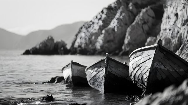 Black and White Abandoned Rowboats on Rocky Shore - Powered by Adobe