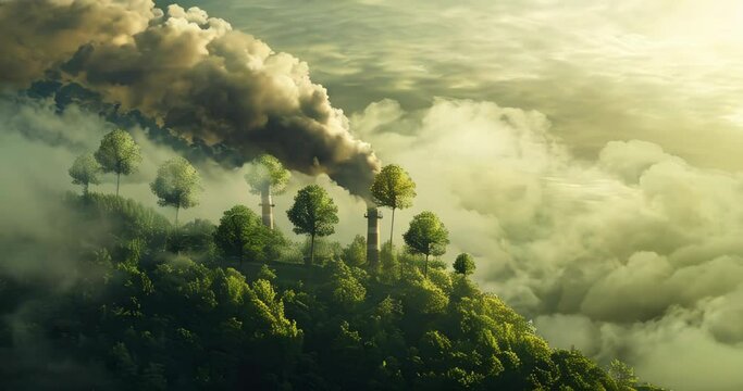 Smokestacks releasing trees, symbolizing the integration of industry and environmental consciousness. Carbon footprint reduction