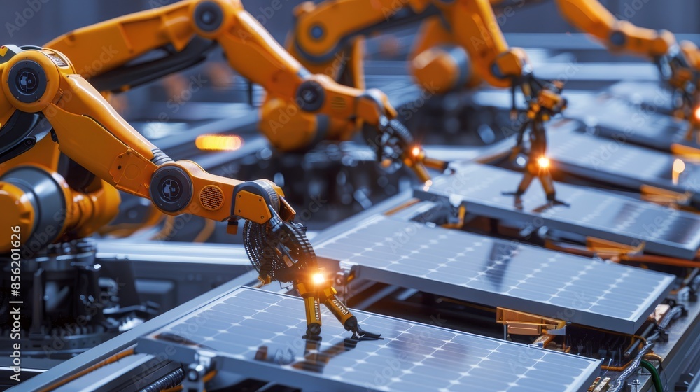 Poster a sleek, high-tech assembly line with robotic arms constructing solar panels, demonstrating advanced