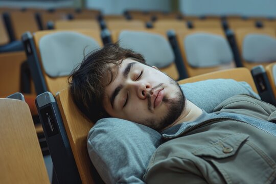 Tired young male student guy sleeping in lecture audience