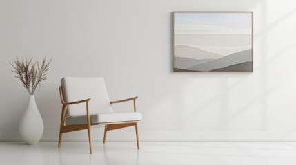 Fototapeta premium A rustic canvas painting, full of warm tones, hanging on a clean, white wall with top lighting, white background, highlighting the painting's rustic charm