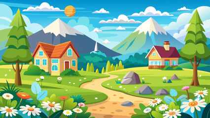 Naklejka premium Panorama village landscape featuring meadow, house, trees, clear sky, mountains, and sunny weather