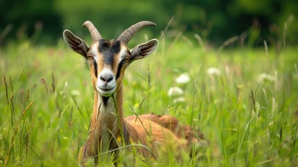 Goat in meadow with space for text Ranching