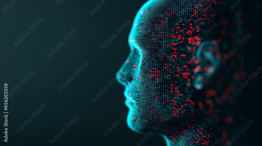 Poster ai concept image featuring a digital human head with integrated glowing circuits and a background of