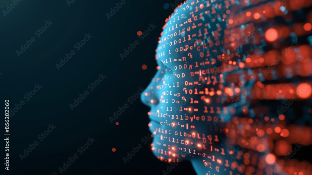 Poster ai concept image featuring a digital human head with integrated glowing circuits and a background of
