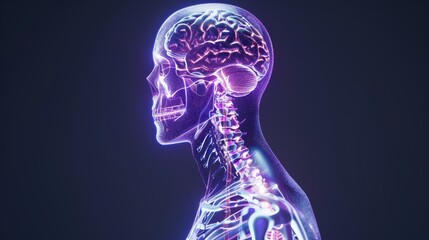 Advanced body scan, entire human figure illuminated with detailed internal organs and skeletal structure, dark purple backdrop, high-tech medical imaging, glowing outlines